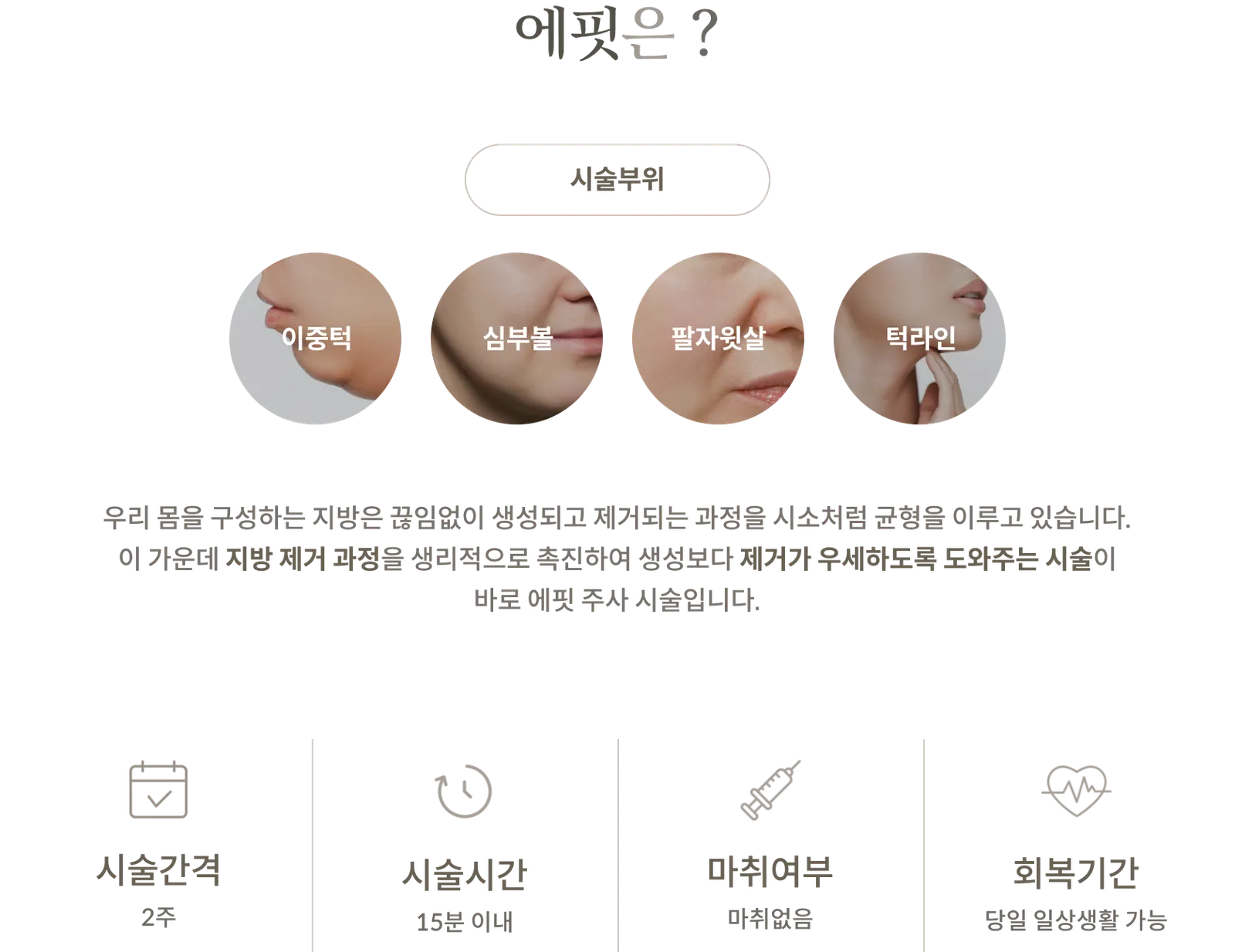 แผงข้อมูลขั้นตอนการรักษาด้วย E-Fit: บริเวณที่ทำการรักษา: คางสองชั้น, ไขมันบริเวณโหนกแก้ม, ร่องแก้มส่วนบน, แนวกราม; การฉีดเพื่อเร่งกระบวนการกำจัดไขมันตามธรรมชาติ; ระยะเวลาการรักษา: 2 สัปดาห์; ระยะเวลาในการทำหัตถการ: ไม่เกิน 15 นาที; ไม่ต้องใช้ยาชา; สามารถกลับไปทำกิจกรรมประจำวันได้ในวันเดียวกัน