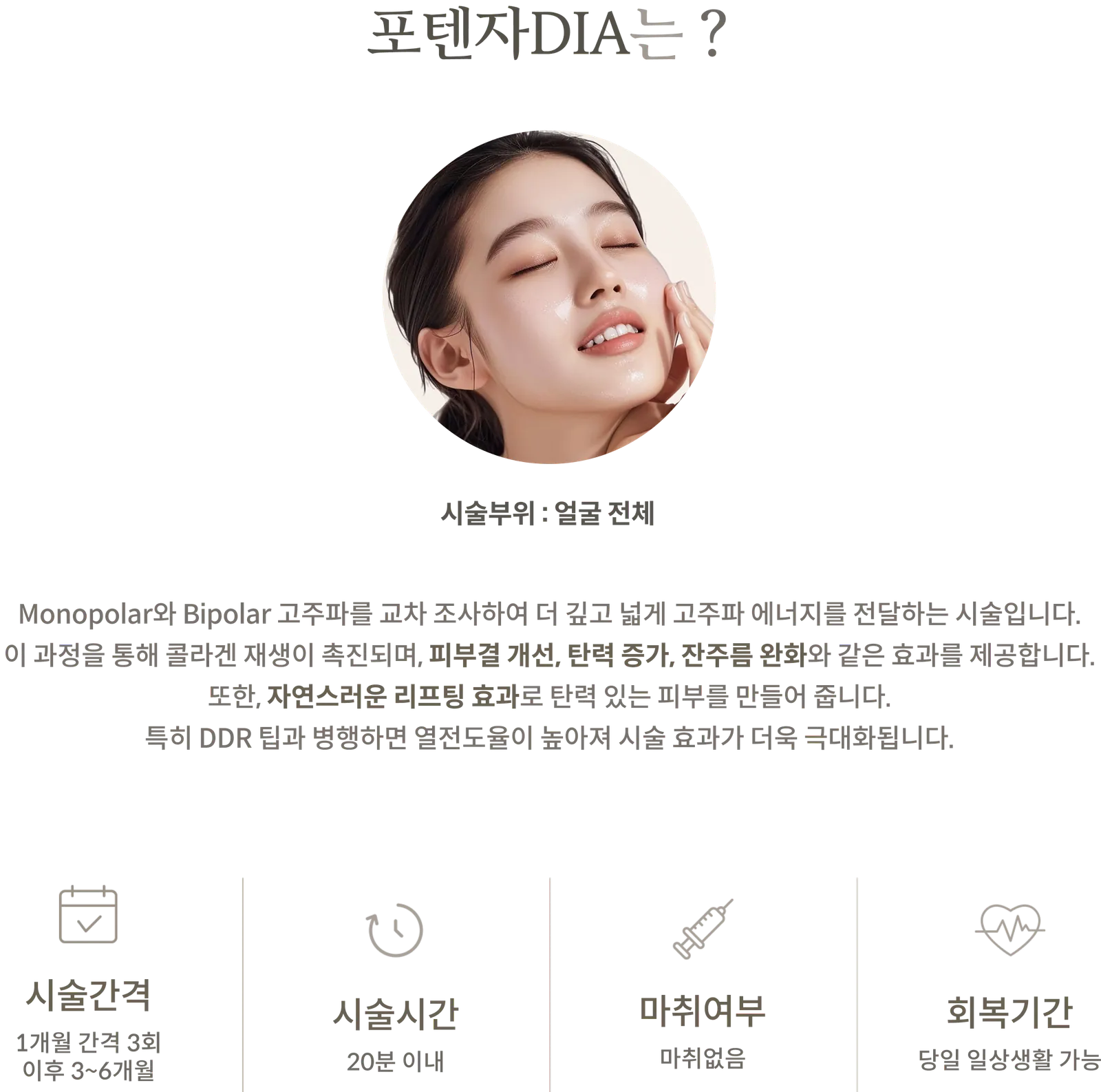 แผงข้อมูลขั้นตอนการรักษาด้วย Potenza DIA: บริเวณที่ทำการรักษา: ใบหน้าทั้งหมด, การฉายรังสีคลื่นวิทยุแบบโมโนโพลาร์และไบโพลาร์สลับกัน, ระยะเวลาการรักษา: 3 ครั้ง โดยเว้นระยะห่าง 1 เดือน และเว้นระยะ 3-6 เดือน, ระยะเวลาในการทำหัตถการ: ภายใน 20 นาที, ไม่ต้องใช้ยาชา, สามารถกลับไปทำกิจกรรมประจำวันได้ในวันเดียวกัน