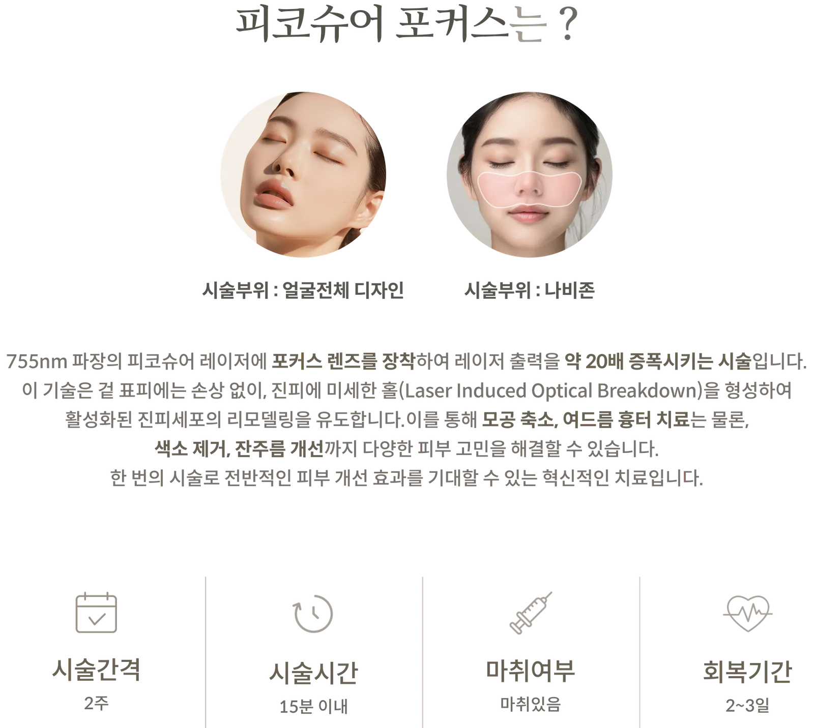 แผงข้อมูลขั้นตอนการรักษาด้วย PicoSure Focus: บริเวณที่ทำการรักษา: ทั่วใบหน้าหรือบริเวณรูปทรงผีเสื้อ, คำอธิบายหลักการ LIOB โดยใช้เลเซอร์ 755 นาโนเมตรพร้อมเลนส์โฟกัส, ระยะเวลาการรักษา: 2 สัปดาห์, ระยะเวลาในการทำหัตถการ: ไม่เกิน 15 นาที, ต้องใช้ยาชา, ระยะเวลาพักฟื้น: 2-3 วัน