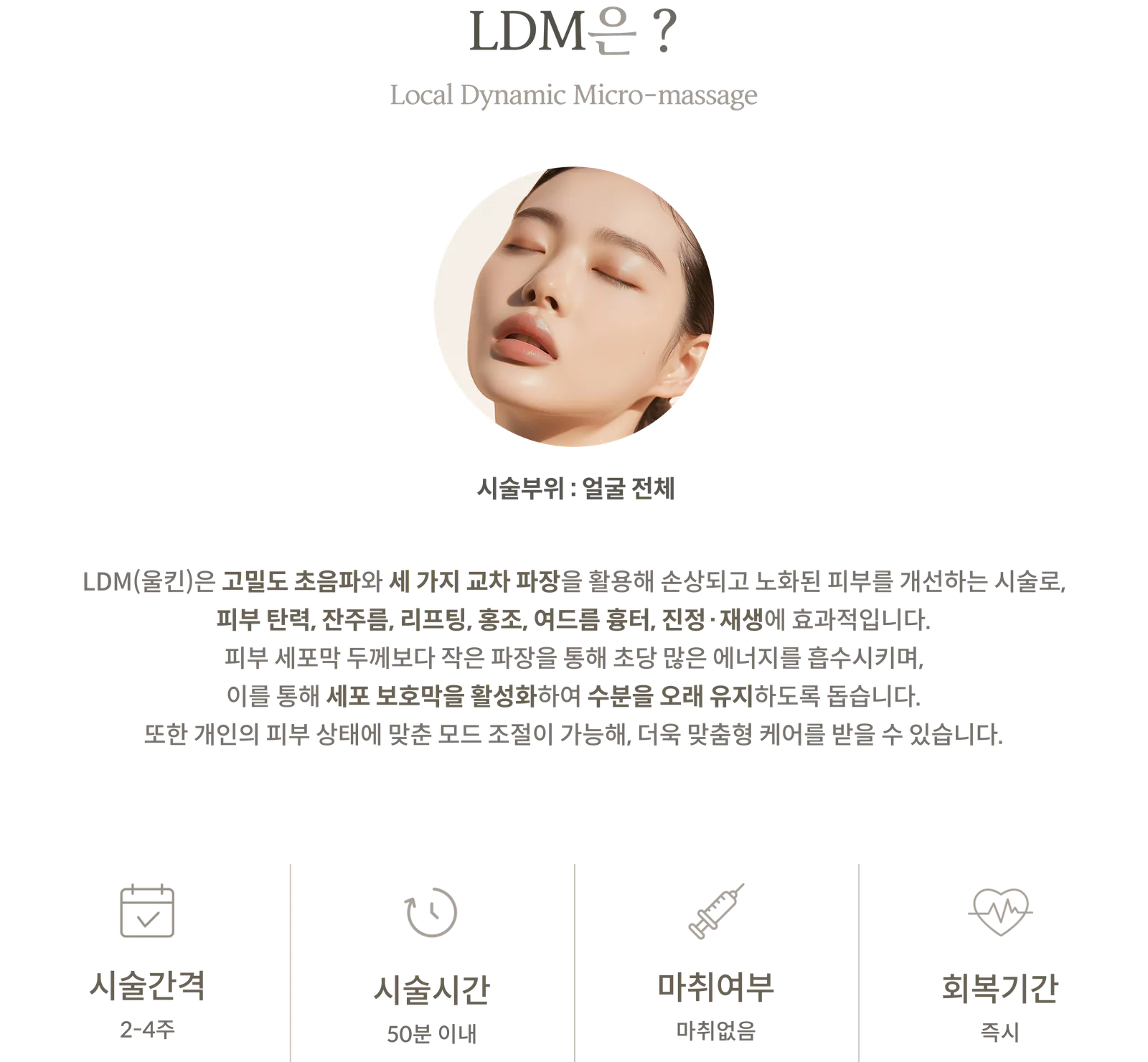 ข้อมูลขั้นตอนการรักษา LDM: การนวดไมโครแบบไดนามิกเฉพาะที่ (Local Dynamic Micro-massage), บริเวณที่ทำการรักษา: ทั่วใบหน้า, ใช้คลื่นอัลตราซาวนด์ความหนาแน่นสูงและคลื่นความยาวตัดกันสามแบบ, ช่วงเวลาการรักษา: 2–4 สัปดาห์, ระยะเวลาการรักษา: ภายใน 50 นาที, ไม่ใช้ยาชา, ระยะเวลาพักฟื้น: ทันที