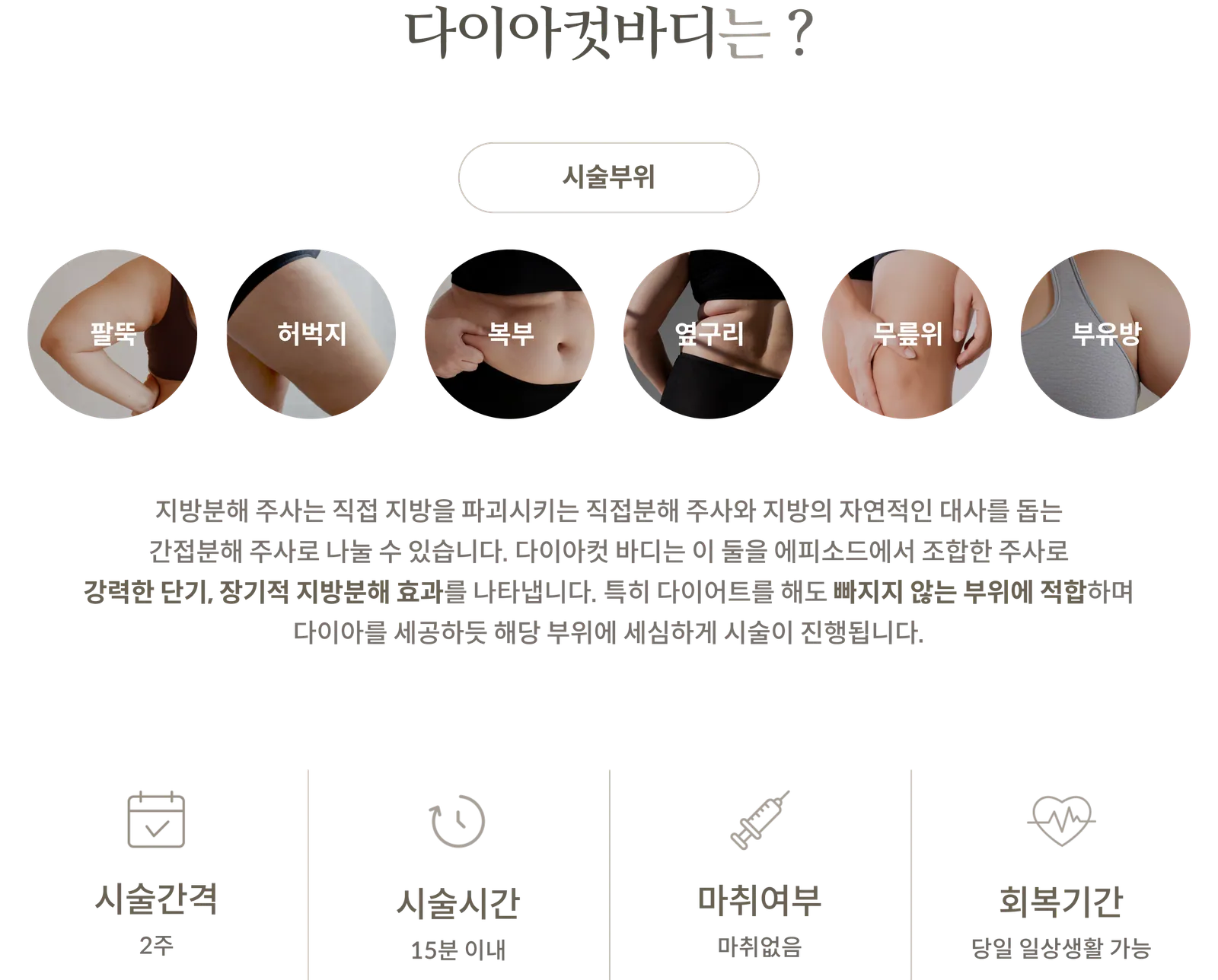 ข้อมูลเกี่ยวกับขั้นตอนการทำ Diamond Cut Body: บริเวณที่ทำการรักษา: ต้นแขน ต้นขา หน้าท้อง สะโพก เหนือเข่า เต้านมส่วนเกิน; การฉีดสลายโดยตรงและโดยอ้อมร่วมกัน; ระยะเวลาระหว่างการรักษา: 2 สัปดาห์; ระยะเวลาในการทำหัตถการ: ไม่เกิน 15 นาที; ไม่ต้องใช้ยาชา; สามารถทำกิจกรรมประจำวันได้ในวันเดียวกัน
