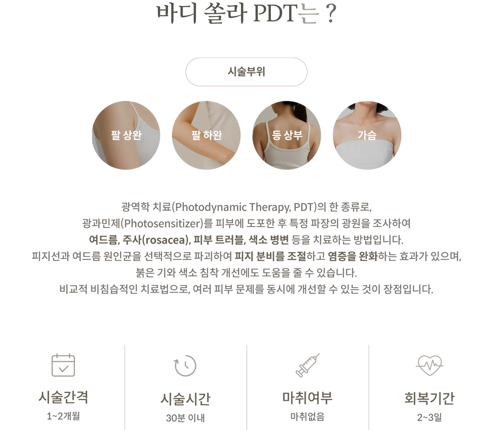ข้อมูลเกี่ยวกับขั้นตอนการรักษาด้วย PDT (Photodynamic Therapy) สำหรับร่างกาย: บริเวณที่ทำการรักษา: ต้นแขน, ปลายแขน, หลังส่วนบน, หน้าอก, คำอธิบายการรักษาด้วยโฟโตไดนามิกเทราพี, ช่วงเวลาการรักษา: 1-2 เดือน, ระยะเวลาในการทำหัตถการ: ภายใน 30 นาที, ไม่ต้องใช้ยาชา, ระยะเวลาพักฟื้น: 2-3 วัน